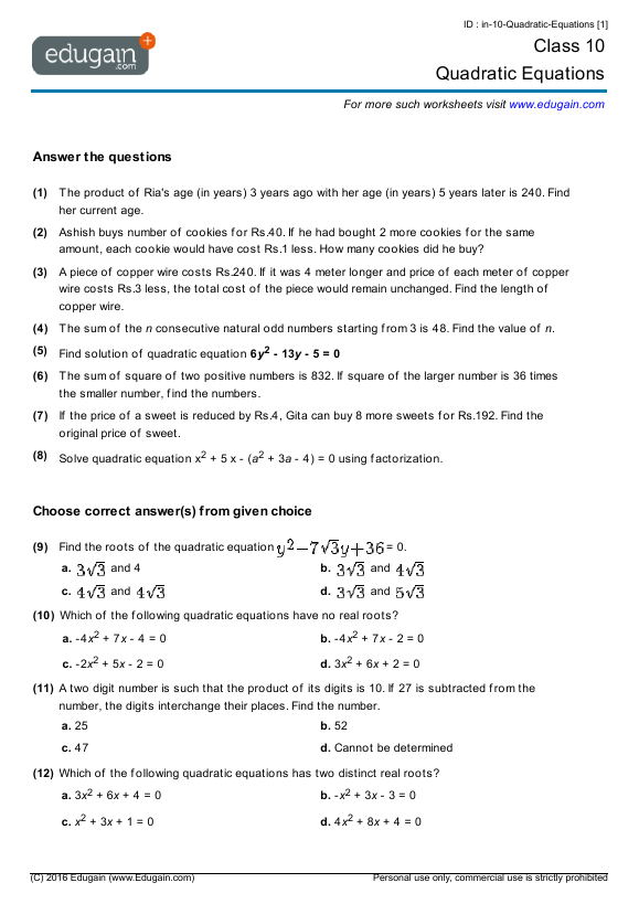 grade 10 quadratic equations math practice questions tests worksheets quizzes assignments edugain turkey